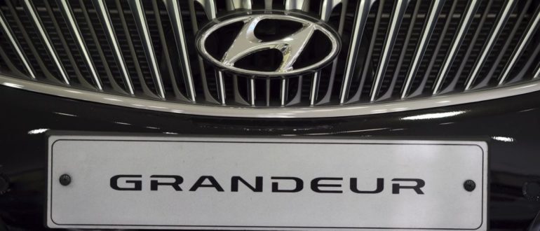 A Hyundai Grandeur grille and nameplate at a Hyundai dealership in Seoul, South Korea, October 2016