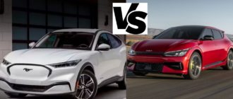 The Ford Mustang Mach-E and Kia EV6 separated by a Vs. icon