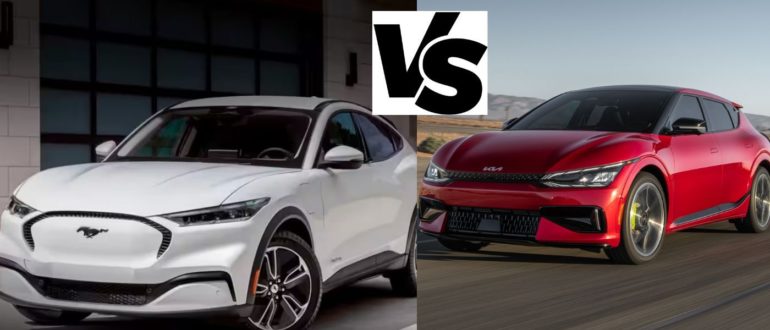 The Ford Mustang Mach-E and Kia EV6 separated by a Vs. icon